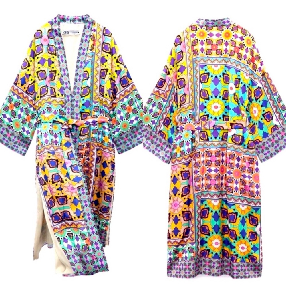 🔖 Zara NWT Satin Colorful Boho Vibes Floral Printed Belted Kimono Duster